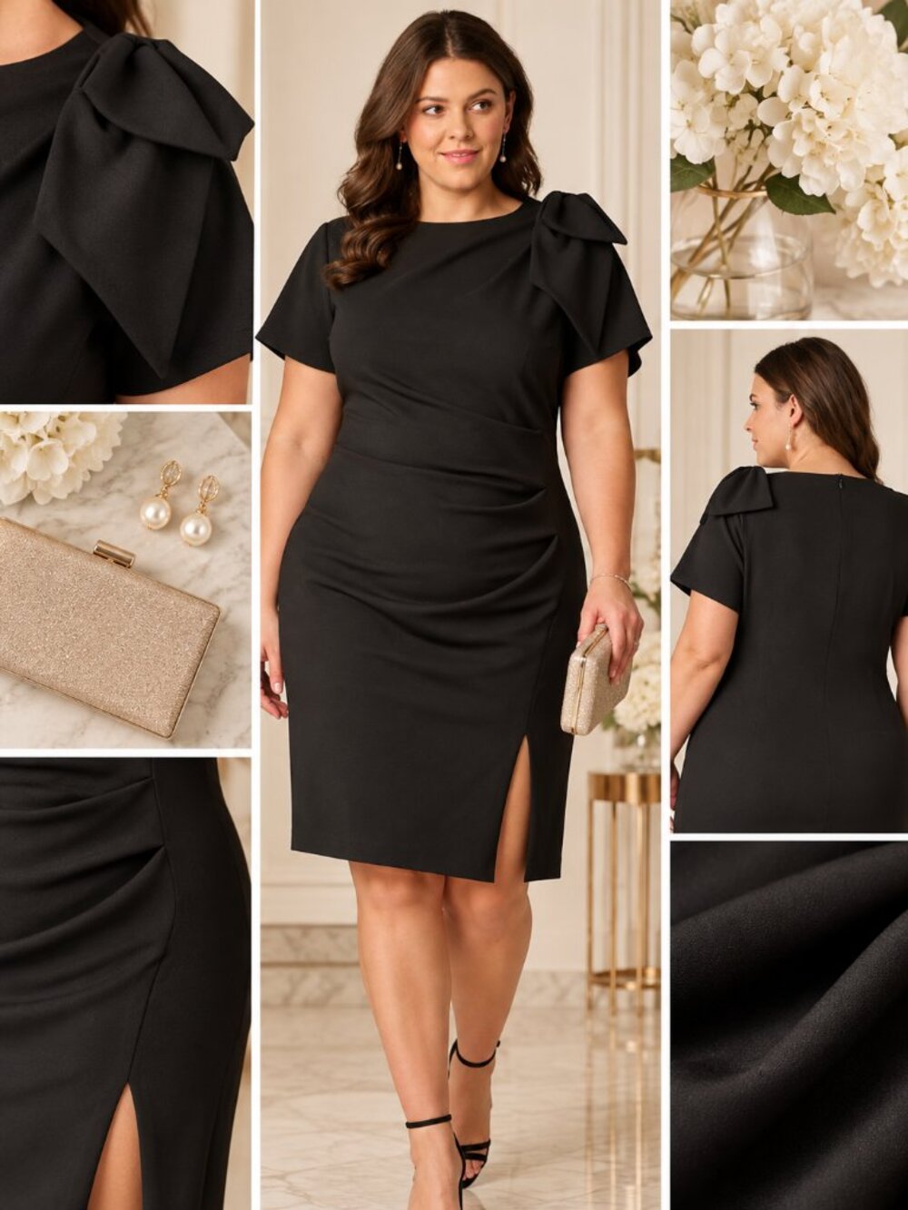 Adrianna Papell Black Bow Shoulder Ruched Sheath Dress 16W NWT